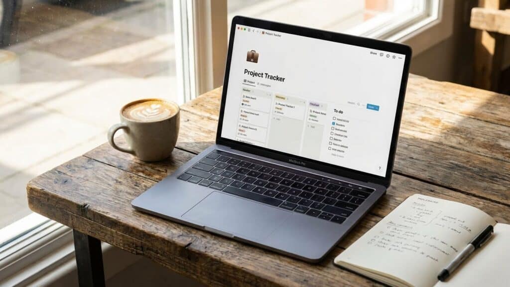 Laptop auf hellem Schreibtisch mit geöffnetem Notion Finanzplaner Template