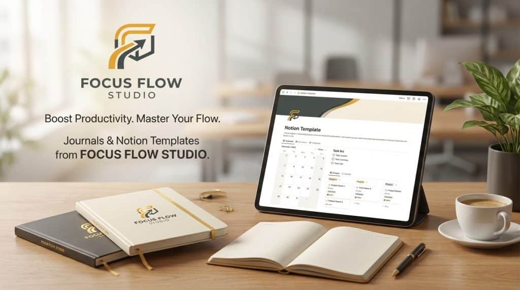 Mockup Notion Template und Focus Flow Journal Marketing Bild