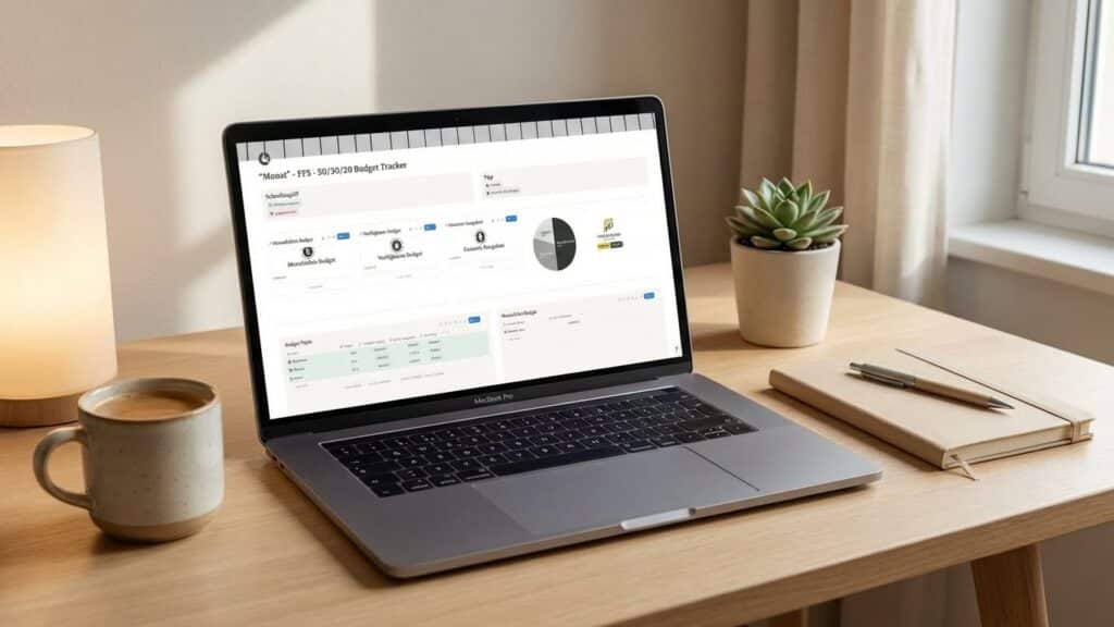 Macbook auf einem Schreibtisch mit dem Notion 50/30/20 Budgettracker von Fokus Flow Studio geöffnet, daneben ein Journal und ein Stift