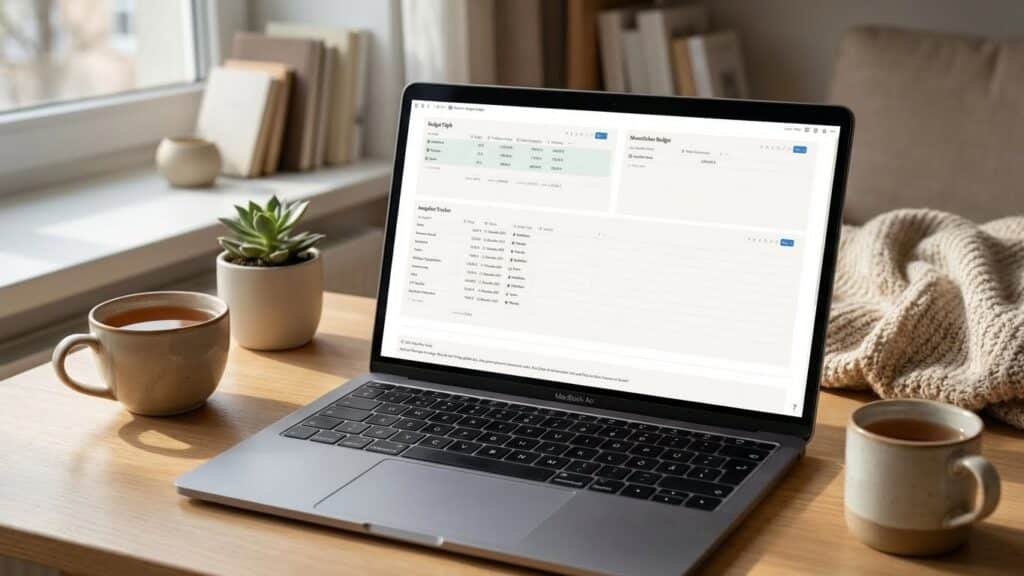 geöffnete Notion Datenbank Budget Tracker für Finanzen auf einem Macbook, daneben eine Tasse Kaffee