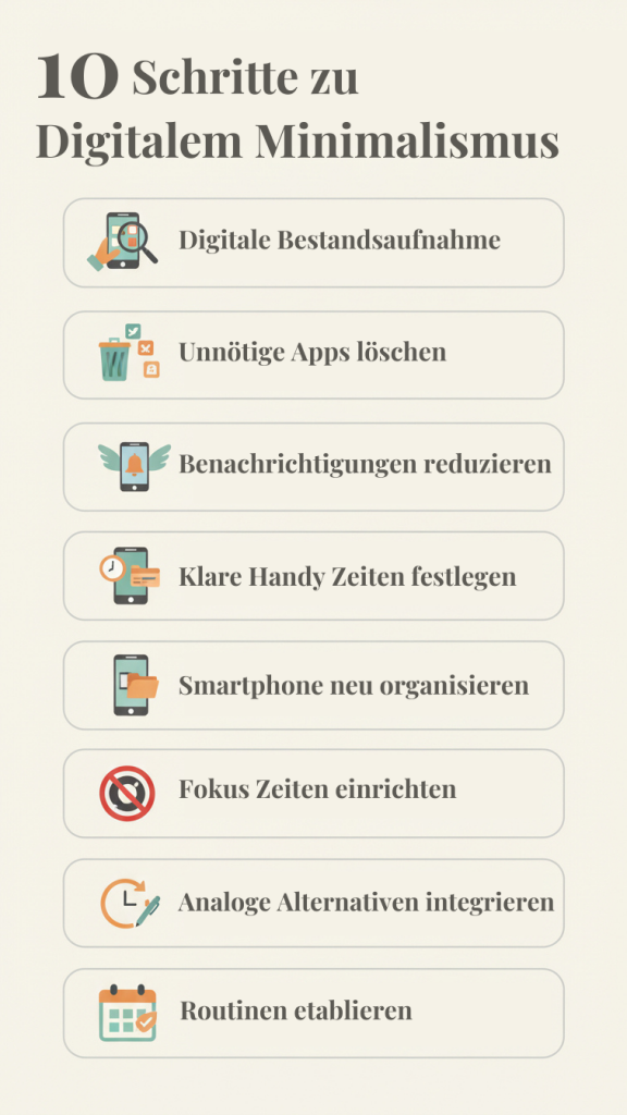 10 Schritte zu Digitalem Minimalismus in einer Liste zusammengefasst.