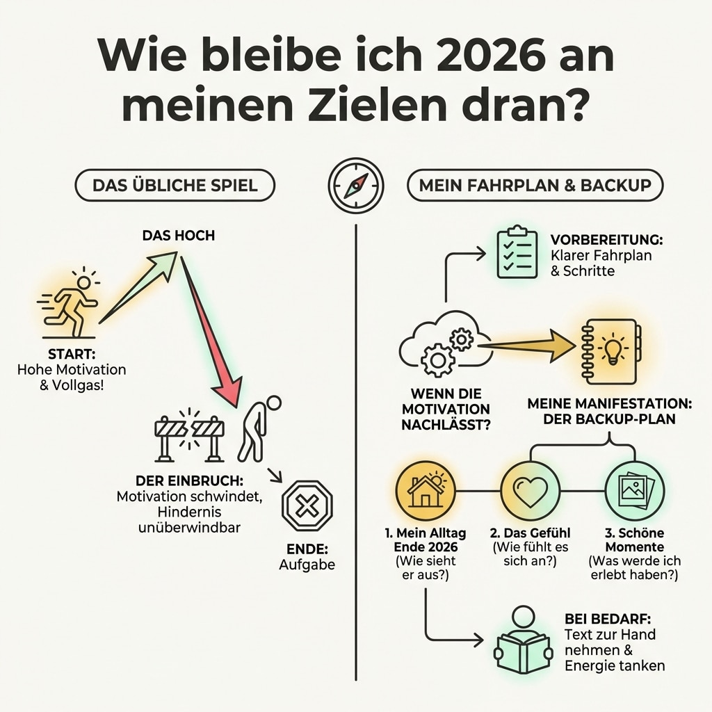 An seinen Zielen dran bleiben.. Schaubild Fahrplan, Backup Plan und Manifestation