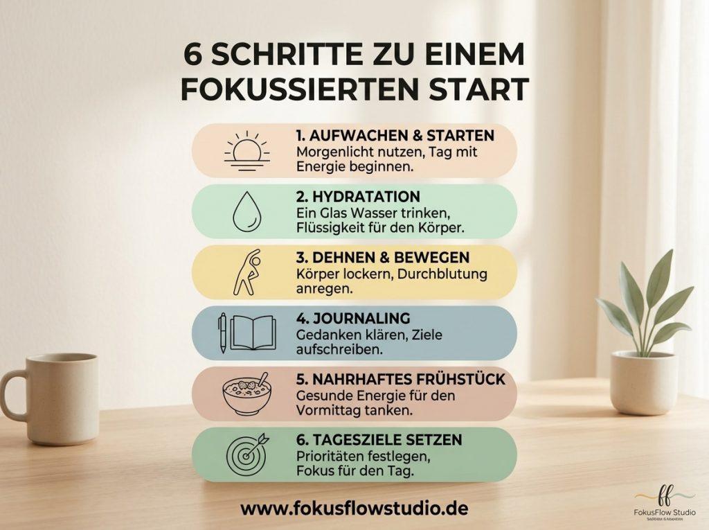 Sechs Symbole einer minimalistischen Morgenroutine als Übersicht