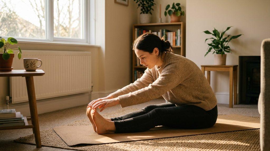 Person macht eine Dehnübung im Wohnzimmer am Morgen, Schritt in der Morgenroutine