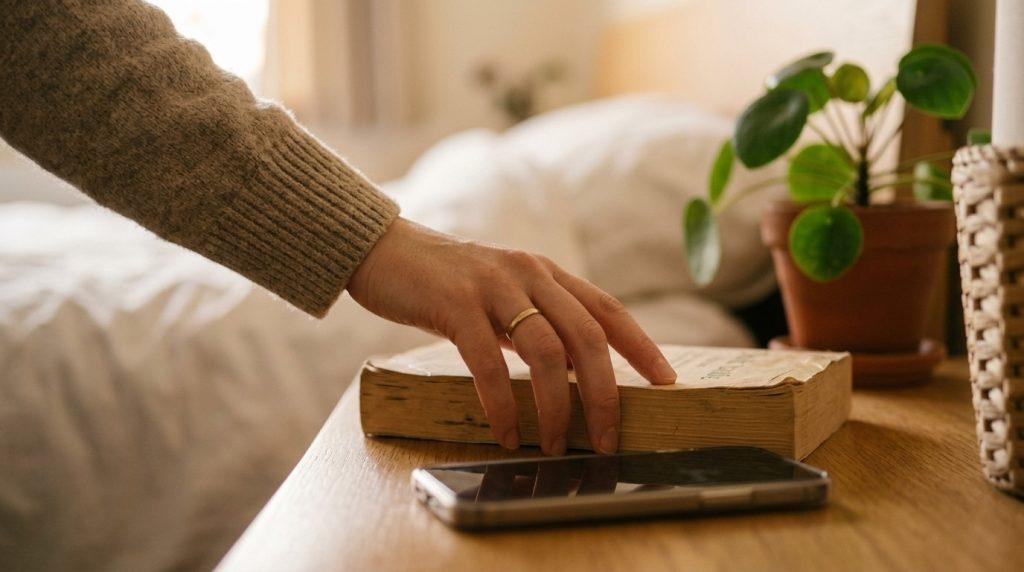 Hand greift morgens nach einem Buch statt nach dem Smartphone für die perfkete Morgenroutine