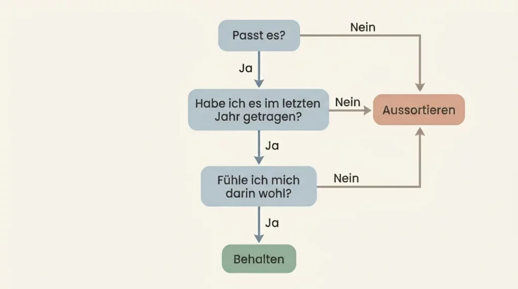 Flussdiagramm Entscheidungsmatrix Kleiderschrank aussortieren für Anfänger Guide