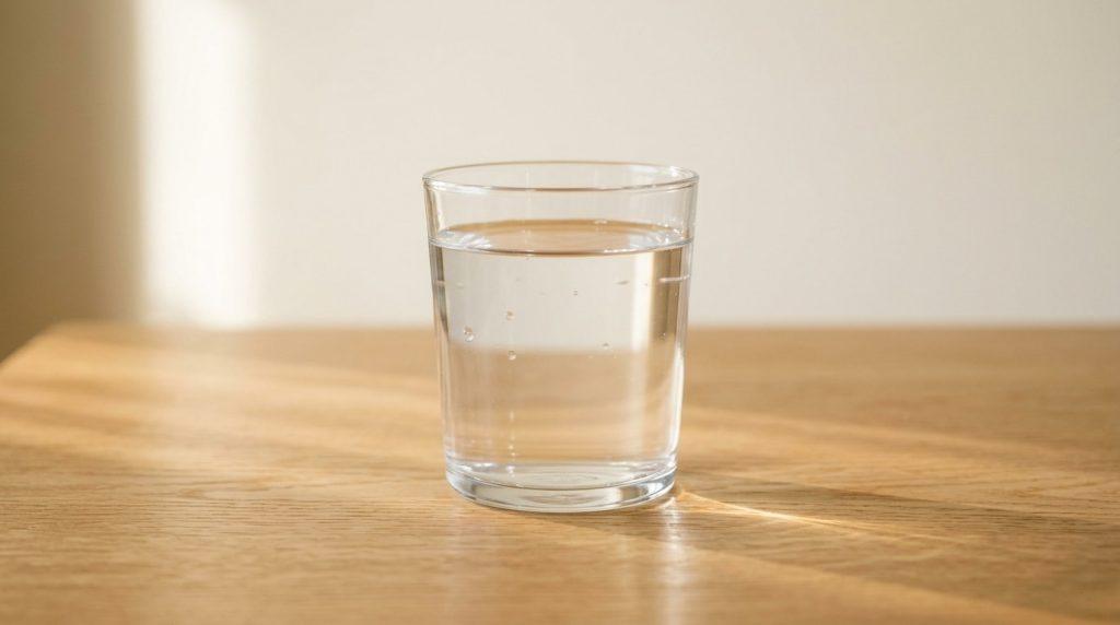 Glas Wasser auf einem Holztisch im Morgenlicht