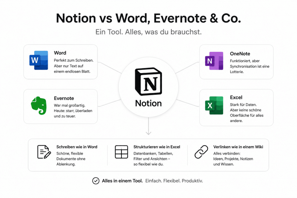 Notion gegen Evernote und Word. Ein Tool was du brauchst um alles zu organisieren.