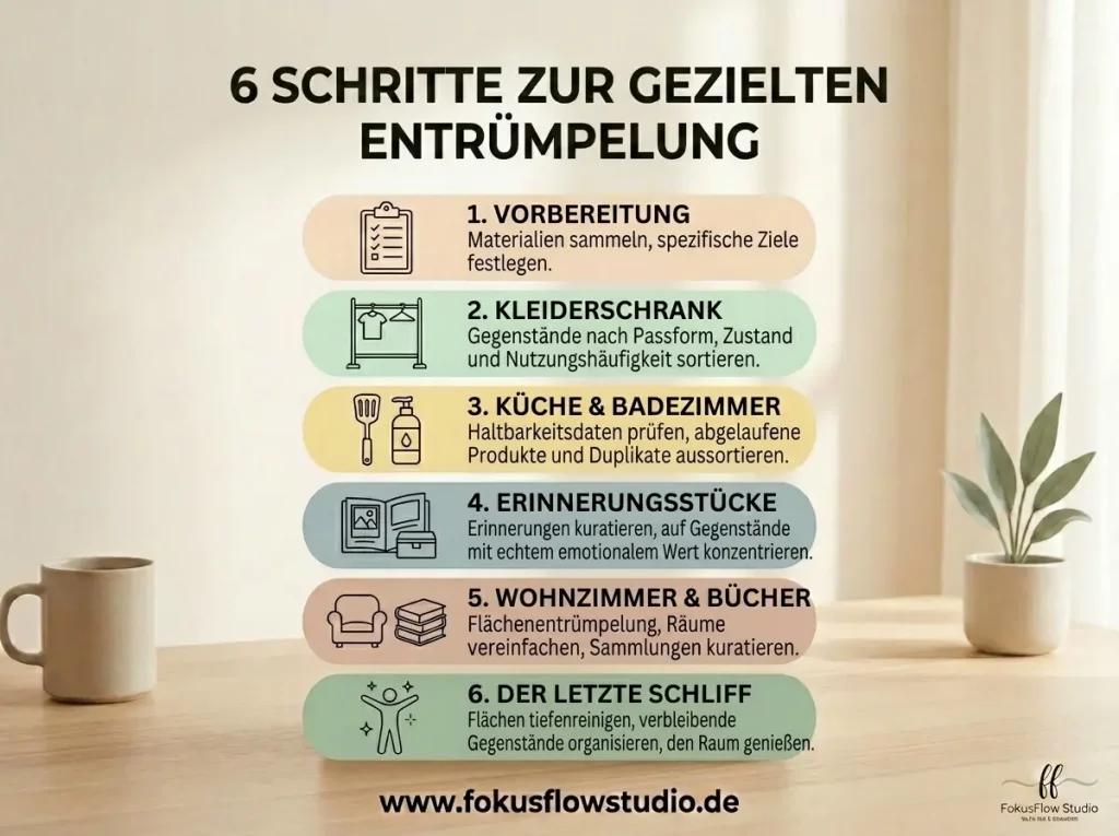 6 Schritte zum gezielten Entrümpeln. Vorbereitung, Kleiderschrank, Küche & Badezimmer, Erinnerungsstücke, Wohnzimmer und Bücher, Feinschliff