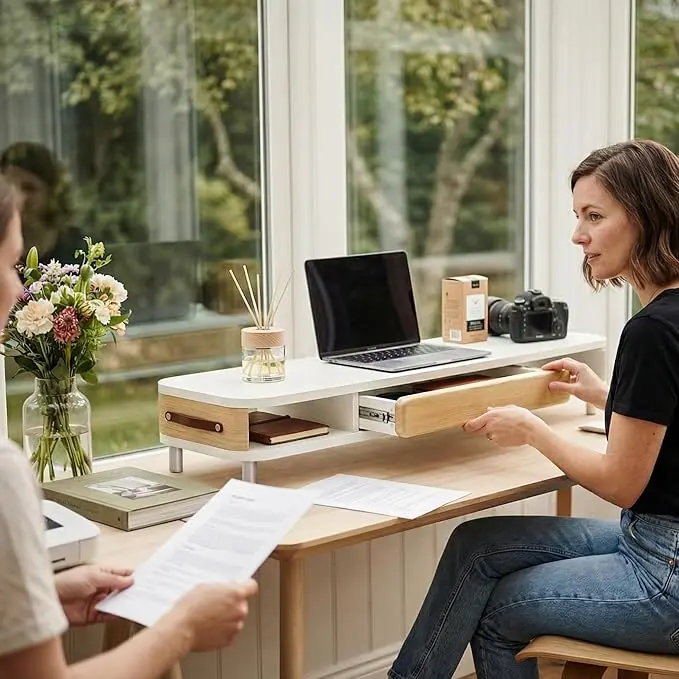 Monitorständer für einen organisierten und ordentlichen Schreibtisch. Modern und ruhig aus Holz